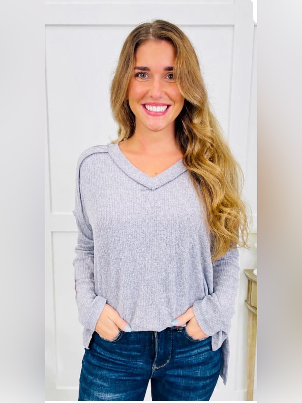 Zenana Heather Grey V-Neck Brushed Ribbed Knit Sweater size M